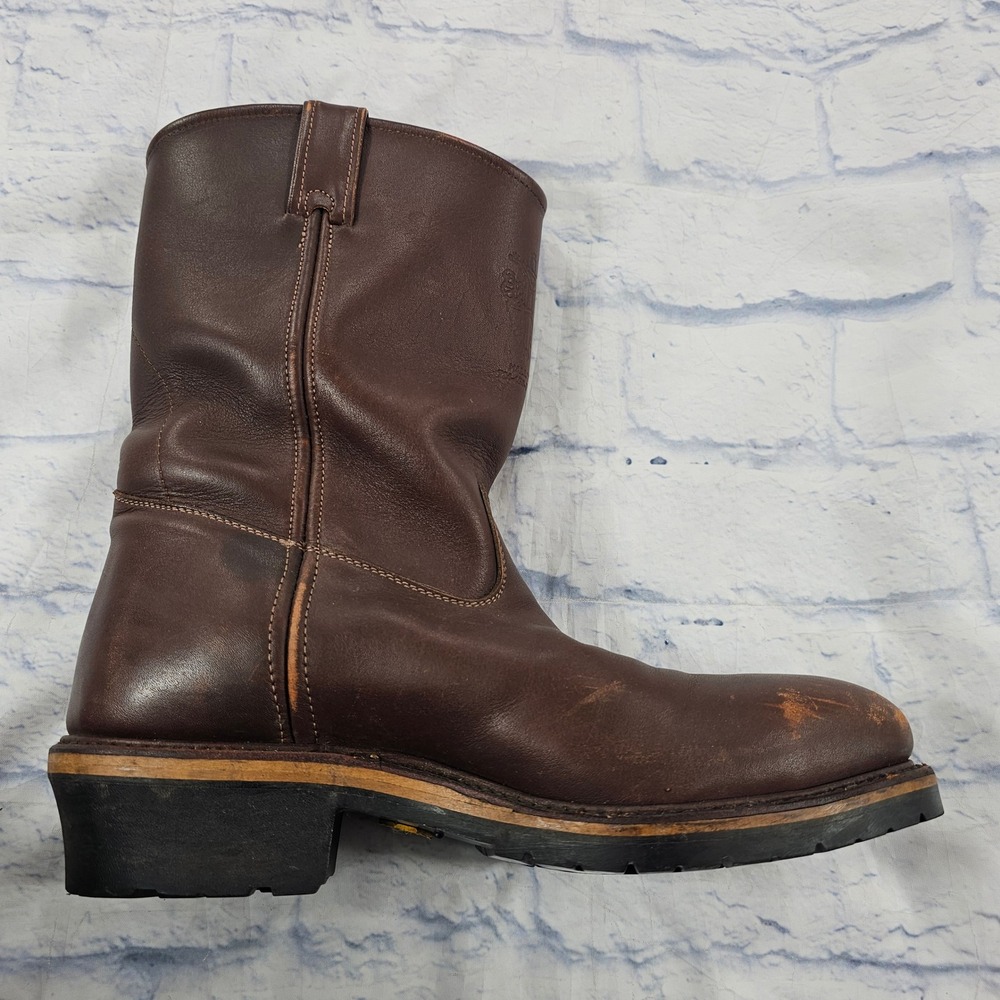 JH Hall Lineman Pull On Boots MENS 10 Brown Leather Western Work Lug Sole - Picture 9 of 14